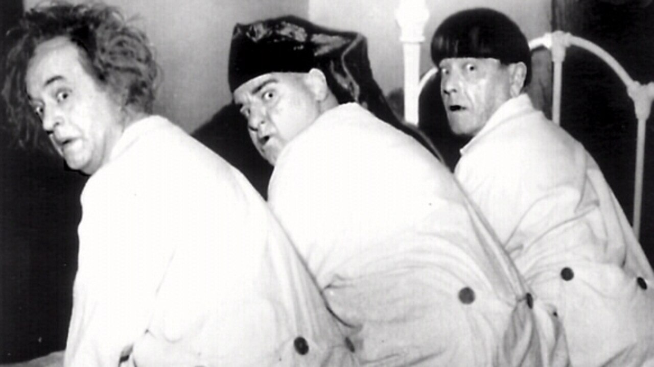Actors (l-r) Larry Fine, Joe (Curly) DeRita and Moe Howard as the Three Stooges comedy trio in 1960.