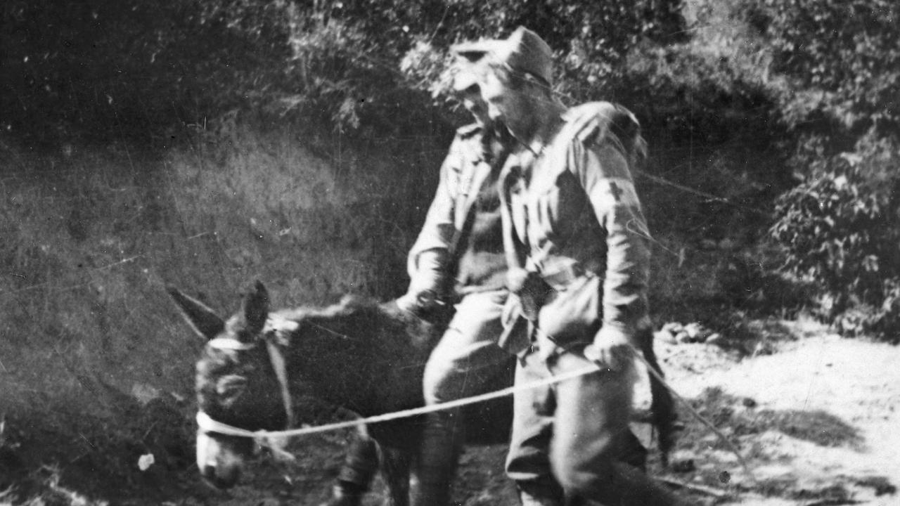 John Simpson Kirkpatrick with a wounded soldier on his donkey. Picture: Australian War Memorial.