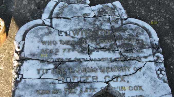 The shattered headstone of Edwin Cox in Grafton cemetery. Photo: austcemindex