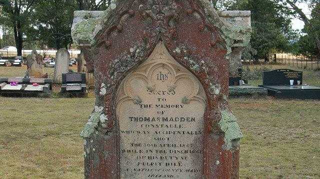 Headstone of Constable Thomas Madden at Hartley cemetery. Photo: Kevin Banister.
