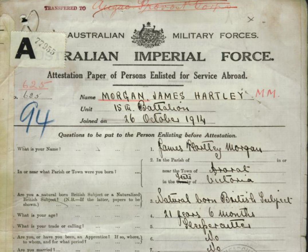 AIF record for James Hartley Morgan  Source: National Australian Archives