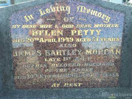 Gravestone of James Hartley Morgan, buried with his wife Helen Pettery at Heidelberg Cemetery. Photo: Billion Graves