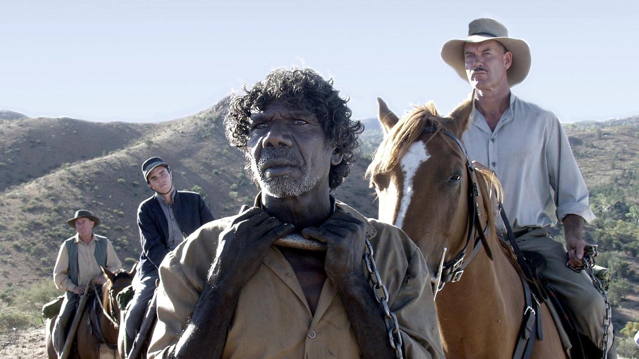 The Tracker film: front David Gulpilil with Gary Sweet, background left is Damon Gameau and Grant Page