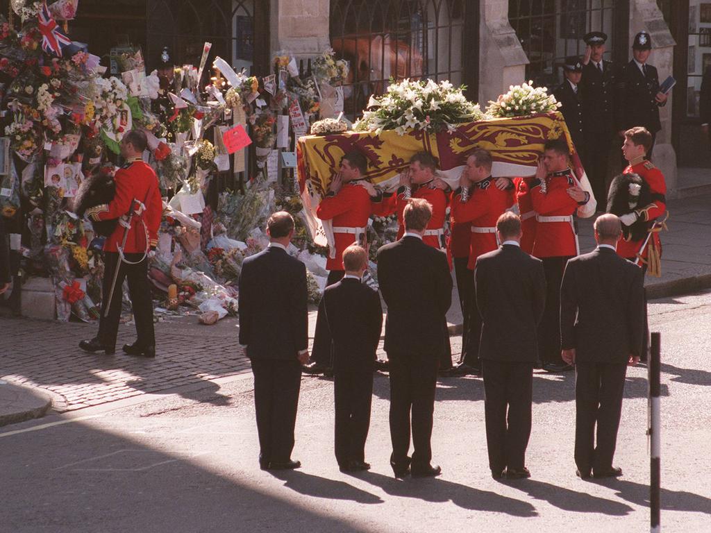 Prince Charles with Prince Harry, Earl Charles Spencer, Prince William and Prince Philip at Diana’s funeral service.