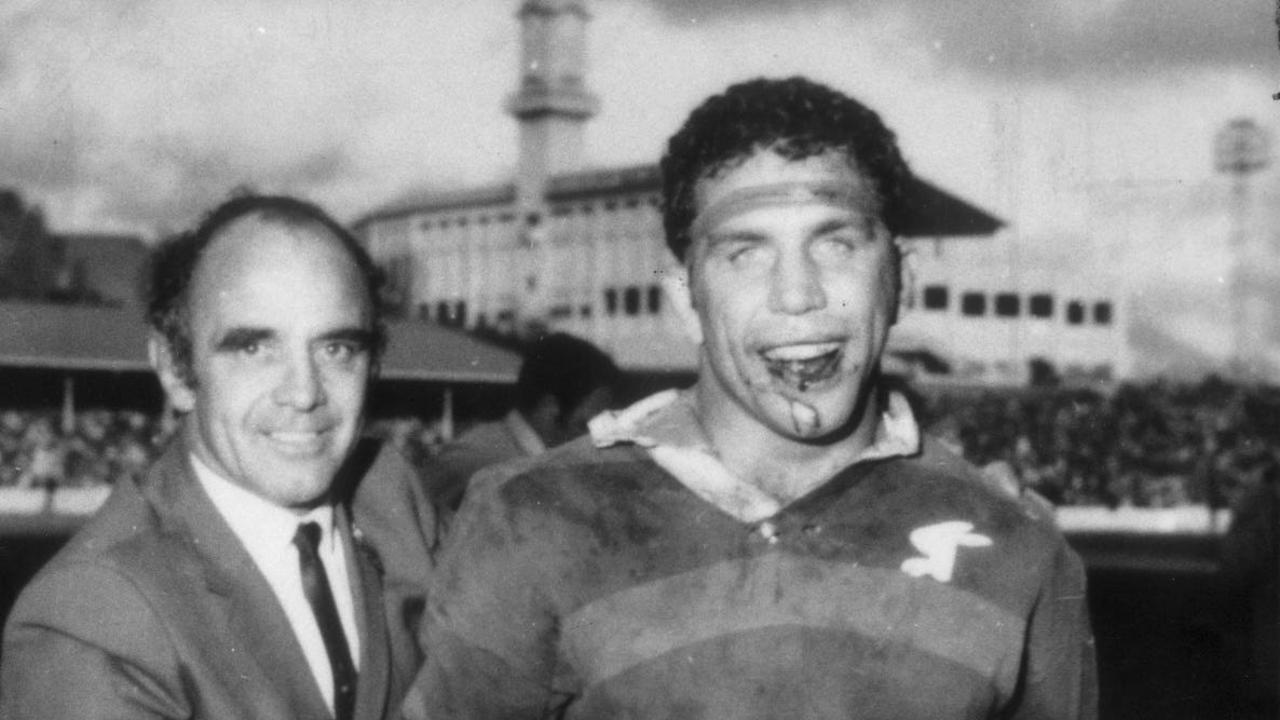 Coach Clive Churchill (left) and captain John Sattler (right) after Souths defeated Manly in 1970 grand final at SCG.