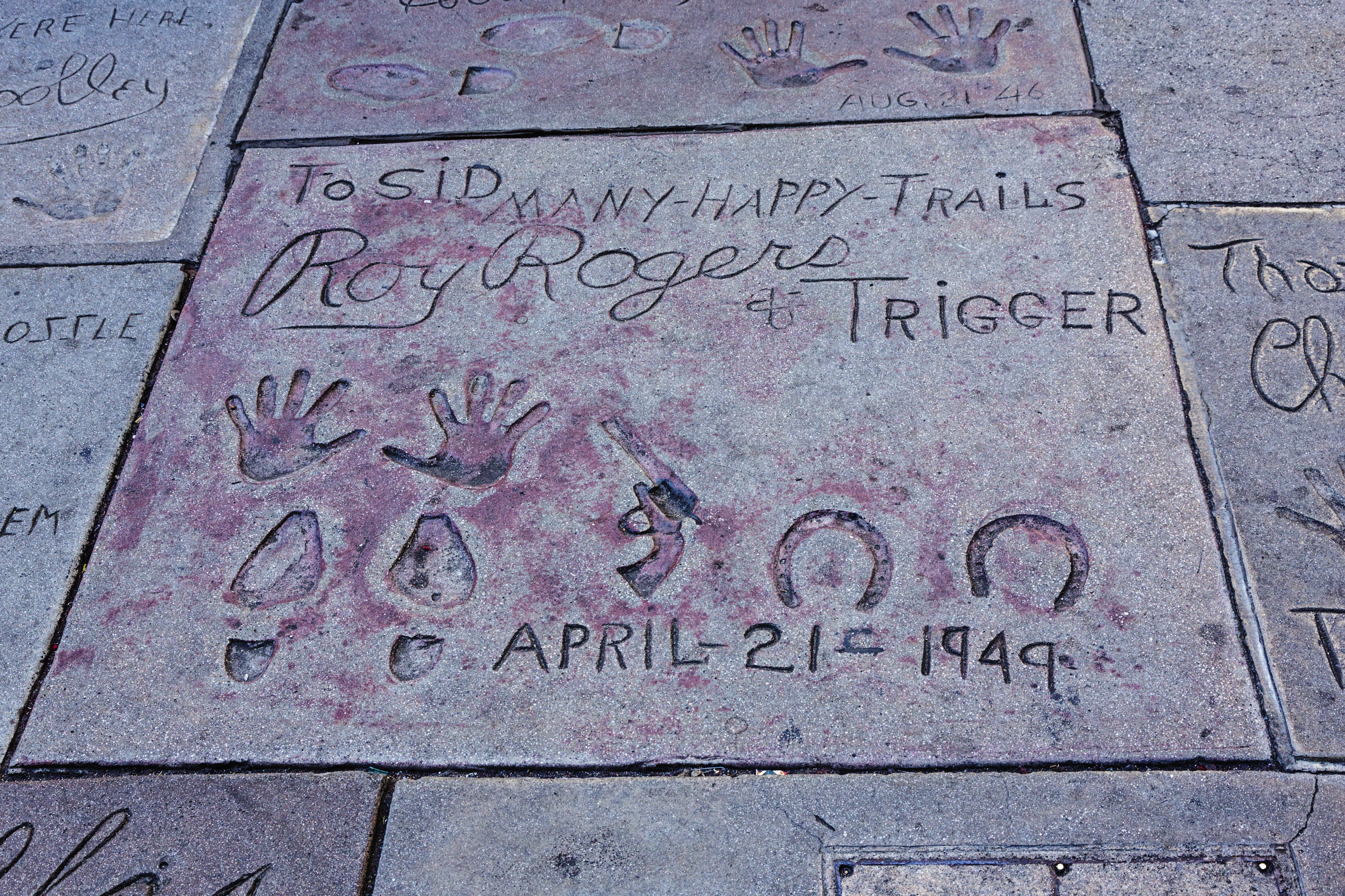 The handprints and footprints of Roy Rogers and Trigger in front of the famous Grauman's Chinese Theatre on Hollywood Boulevard.