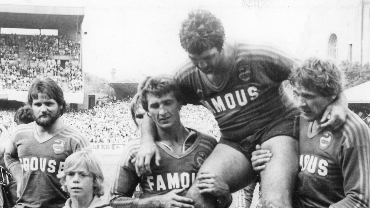 Arthur Beetson with the Parramatta Eels after the 1980 reserve-grade grand final. While they lost, the retiring Artie was chaired off by Ed Sulkowicz and Phil Mann.