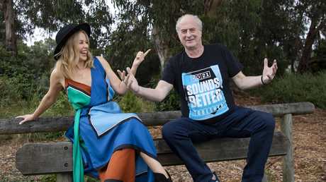 Gudinski with Kylie Minogue in Mallacoota in January this year. Picture: Mushroom Group
