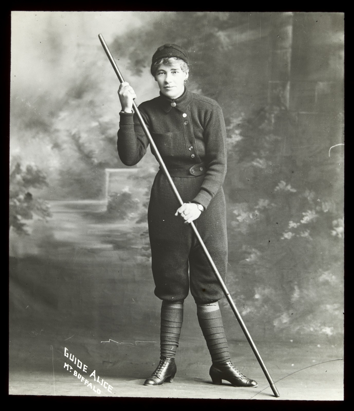 Portrait of Alice Manfield in her own custom designed mountain suit. Image care of Alice Manfield collection, State Library of Victoria