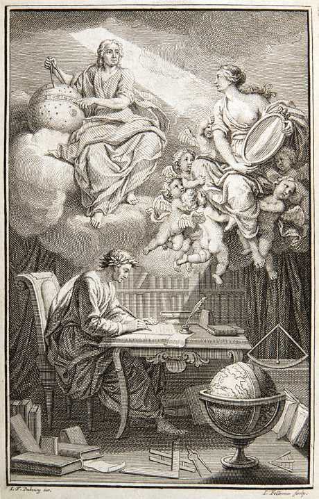  In the frontispiece to Voltaire's interpretation of Isaac Newton's work, Elémens de la philosophie de Newton (1738), the philosopher sits translating the inspired work of Newton. 