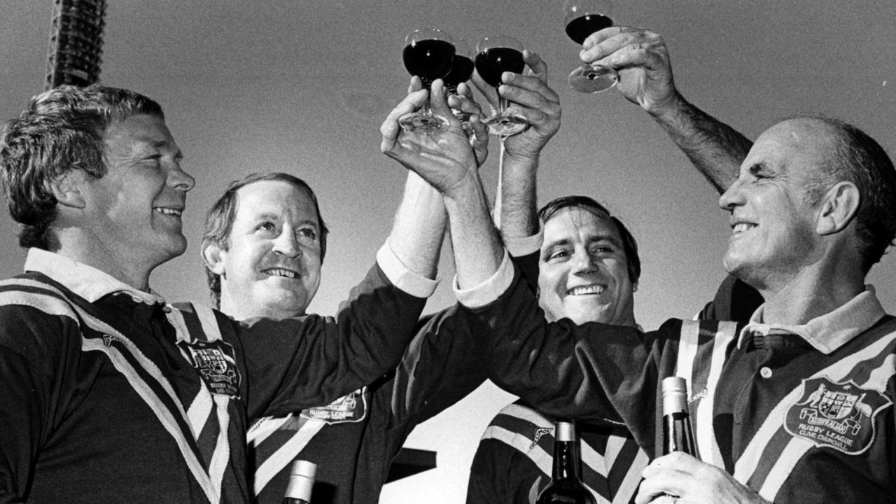 Bob Fulton, John Raper, Reg Gasnier and Clive Churchill toast their selection as rugby league Immortals in 1981. Picture: Bob Finlayson
