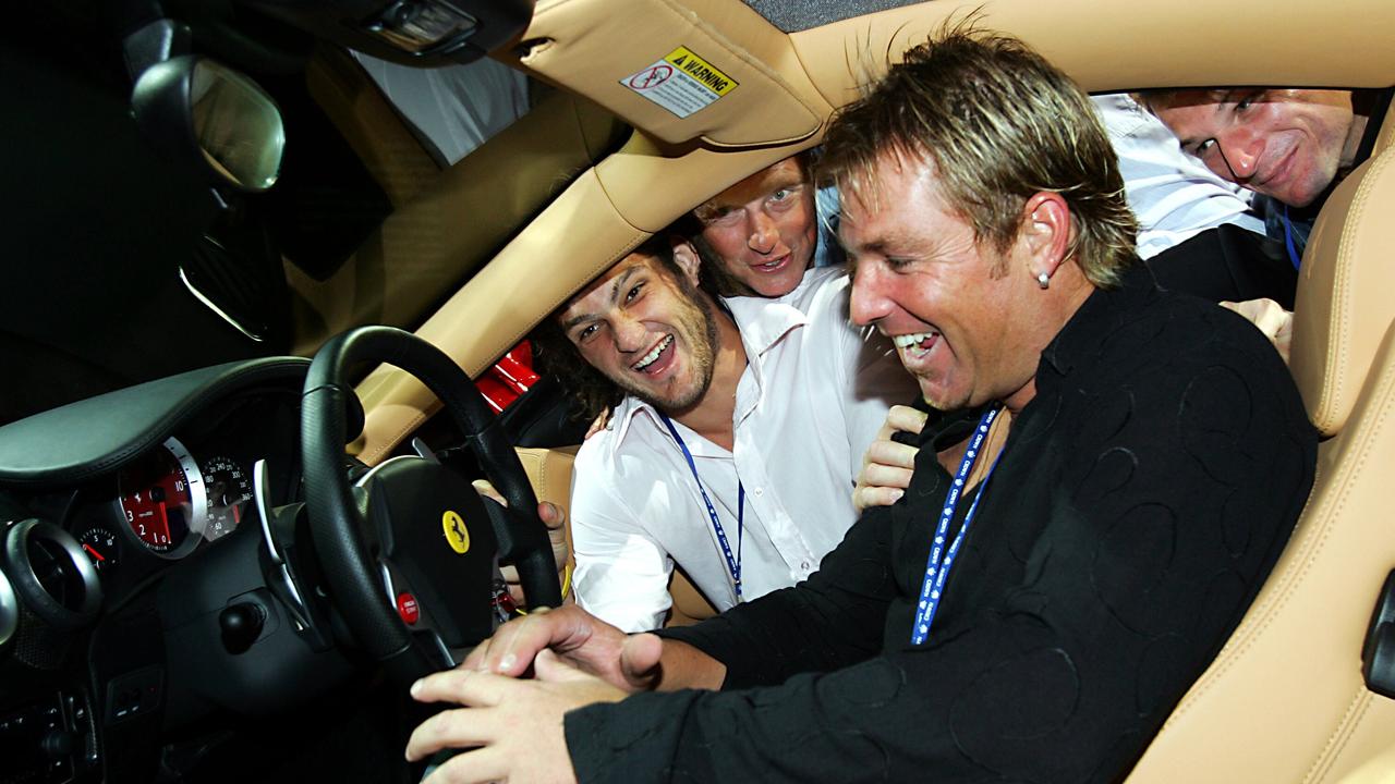 Launch of the new Ferrari F430 at Palladium, Crown. Brendan Fevola, Mike Mckay, Aaron Hamill and Shane Warne fight for the drivers seat in the latest Ferrari.