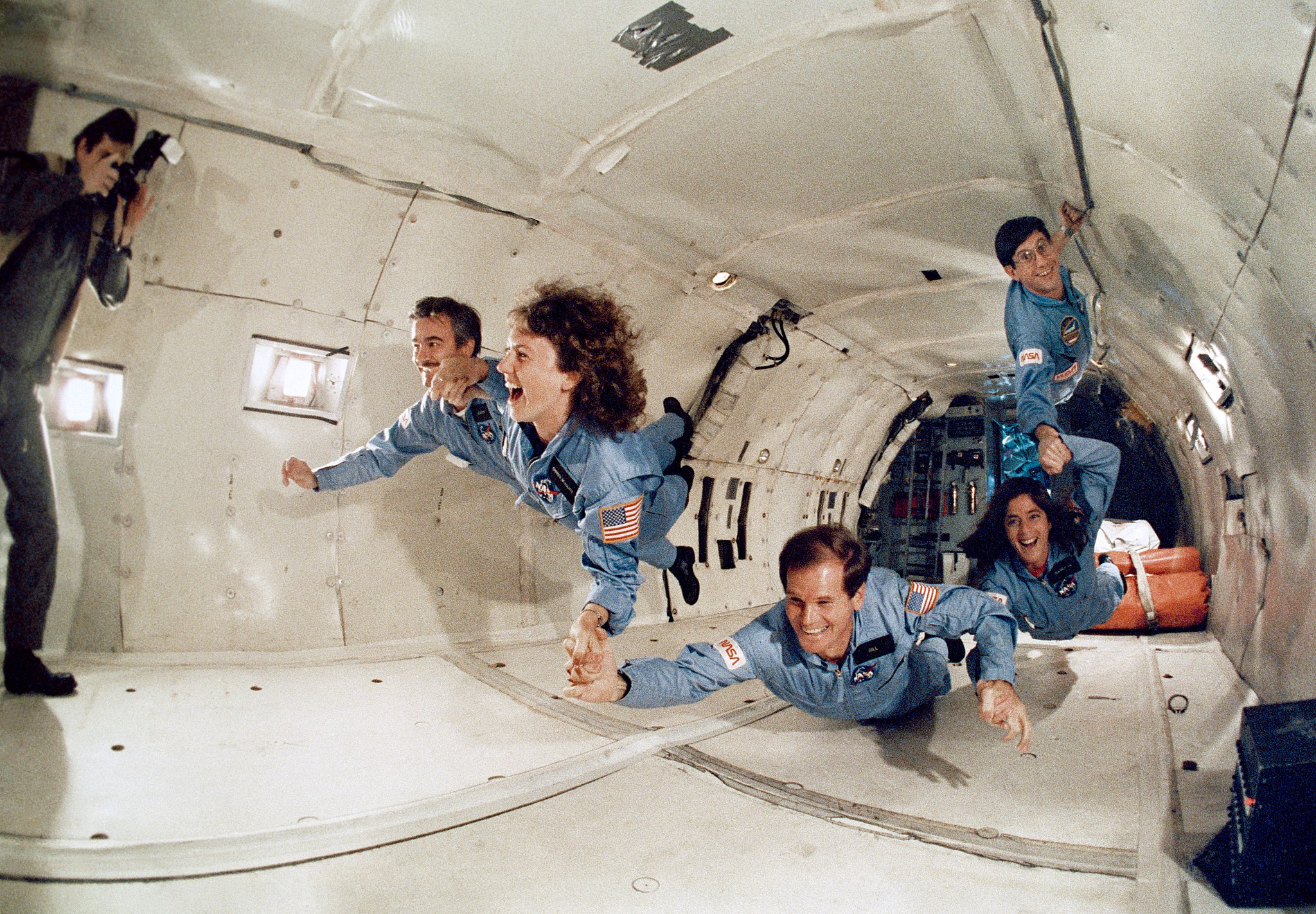 Left to right are Gerard Magilton, Sharon Christa McAuliffe, Representative Bill Nelson, Barbara R. Morgan, backup to McAuliffe and Robert J. Cenker. NASA.