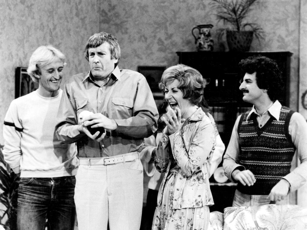Classic larrikin show – Kingswood Country. Actors Peter Fisher (L), Ross Higgins, Judy Farr and Lex Marinos in a scene.
