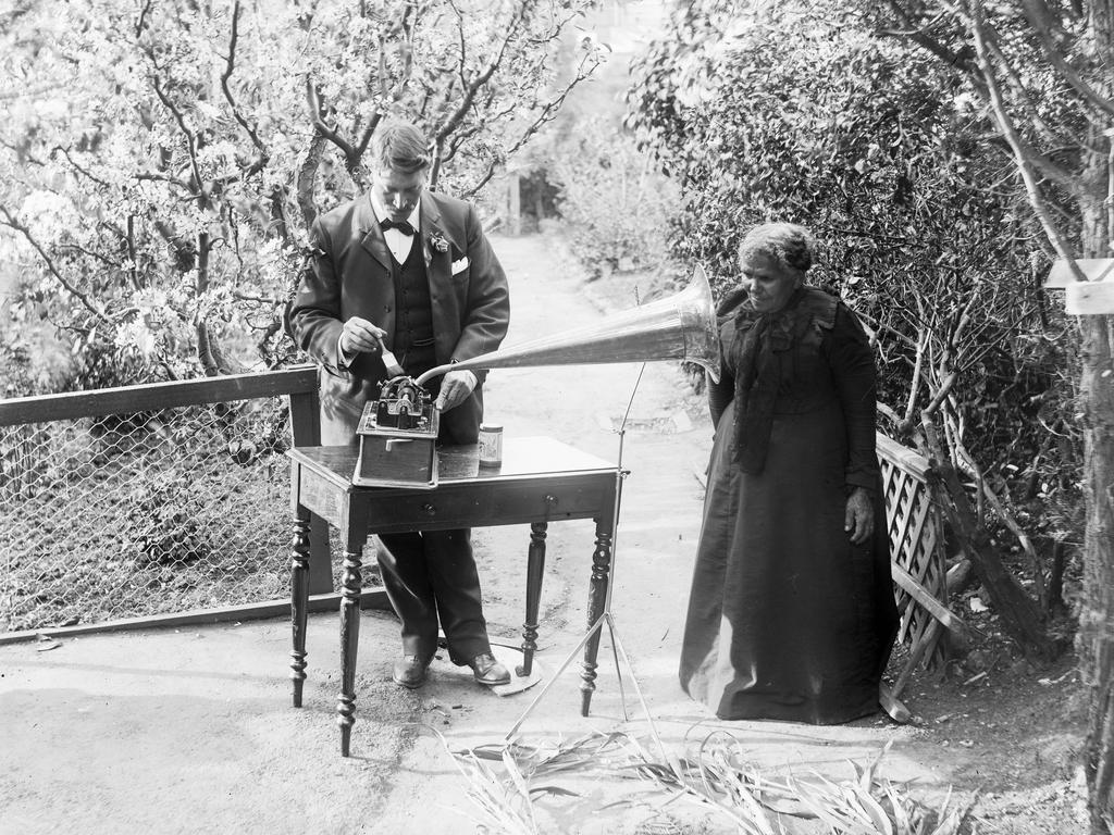 Renowned Tasmanian Aboriginal singer Fanny Cochrane Smith recording into a newly invented Edison phonograph in Sorell, early 1900s. Copyright Libraries Tasmania/Archives: Arch Rollings Collection.