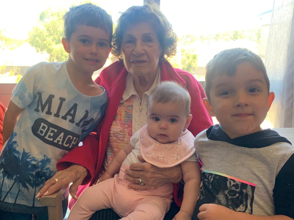 Therese Collette pictured with three of her great-grandchildren in 2021: From left, Jude Stanborough, Lillian Bruce and Ellis Stanborough.