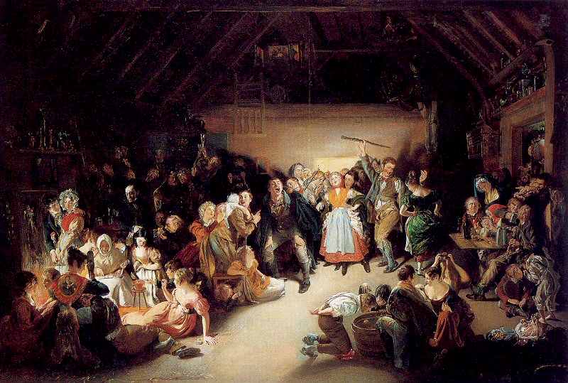 Snap-Apple Night, painted by Irish artist Daniel Maclise in 1833 on the Festival of Hallow Eve. Notice the bobbing for apples in the bottom right corner.