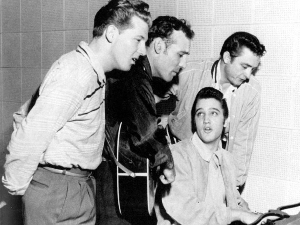Jerry Lee Lewis, Carl Perkins, Elvis Presley and Johnny Cash during Sun Records' recording session in 1956. Picture: Supplied