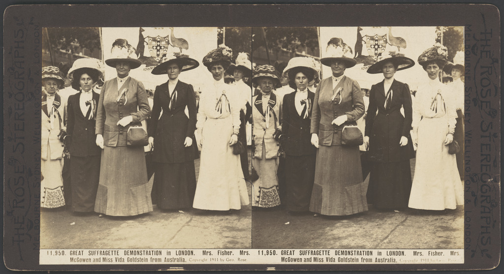 Great suffragette demonstration in London : Mrs Andrew Fisher, Mrs McGowen and Miss Vida Goldstein from Australia
