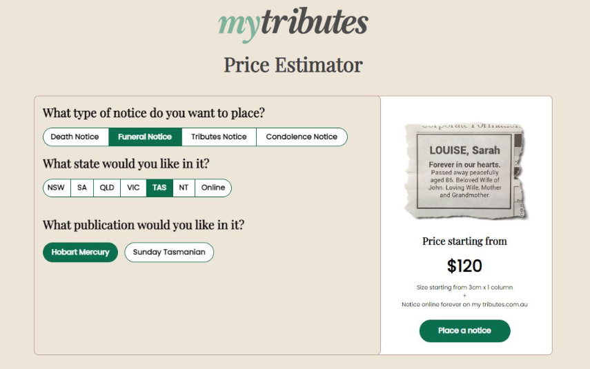 My Tributes funeral notice price estimator tool