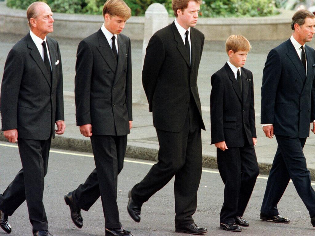 Prince Philip, Prince William, Earl Charles Spencer, Prince Harry with Prince Charles walking in the funeral procession of Diana, Princess of Wales.