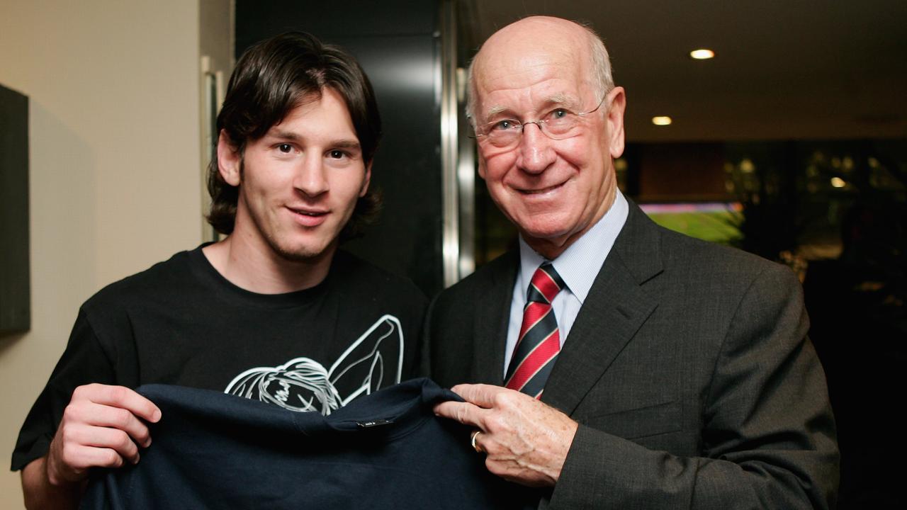 Laureus World Sports Academy member Sir Bobby Charlton and Lionel Messi. Photo by Getty Images for Laureus.