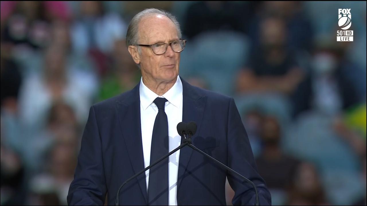 Keith Warne speaks at Shane Warne state funeral. Photo: Kayo.