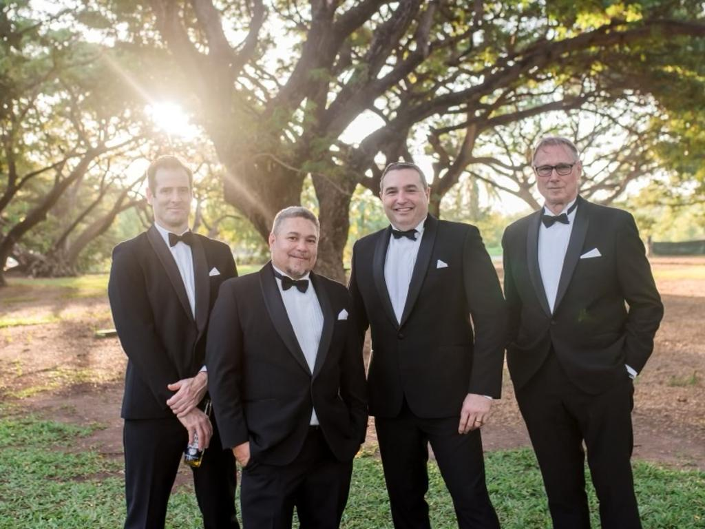 Stewart Stacey's best mates served as groomsmen on his wedding day in 2019. From left, Rob Oliver, Damian Williams, groom Stewart Stacey and John Bonnin.