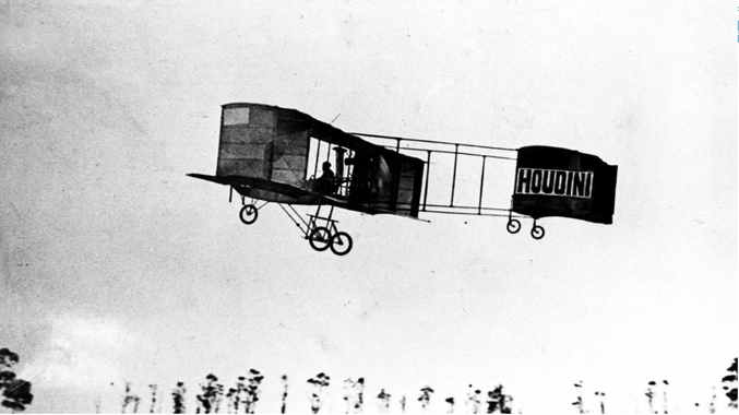 Escape artist Harry Houdini in his aeroplane above Digger's Rest, Victoria in 1910.