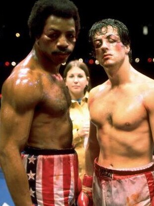 Carl Weathers and Sylvester Stallone during the making of Rocky, 1976.